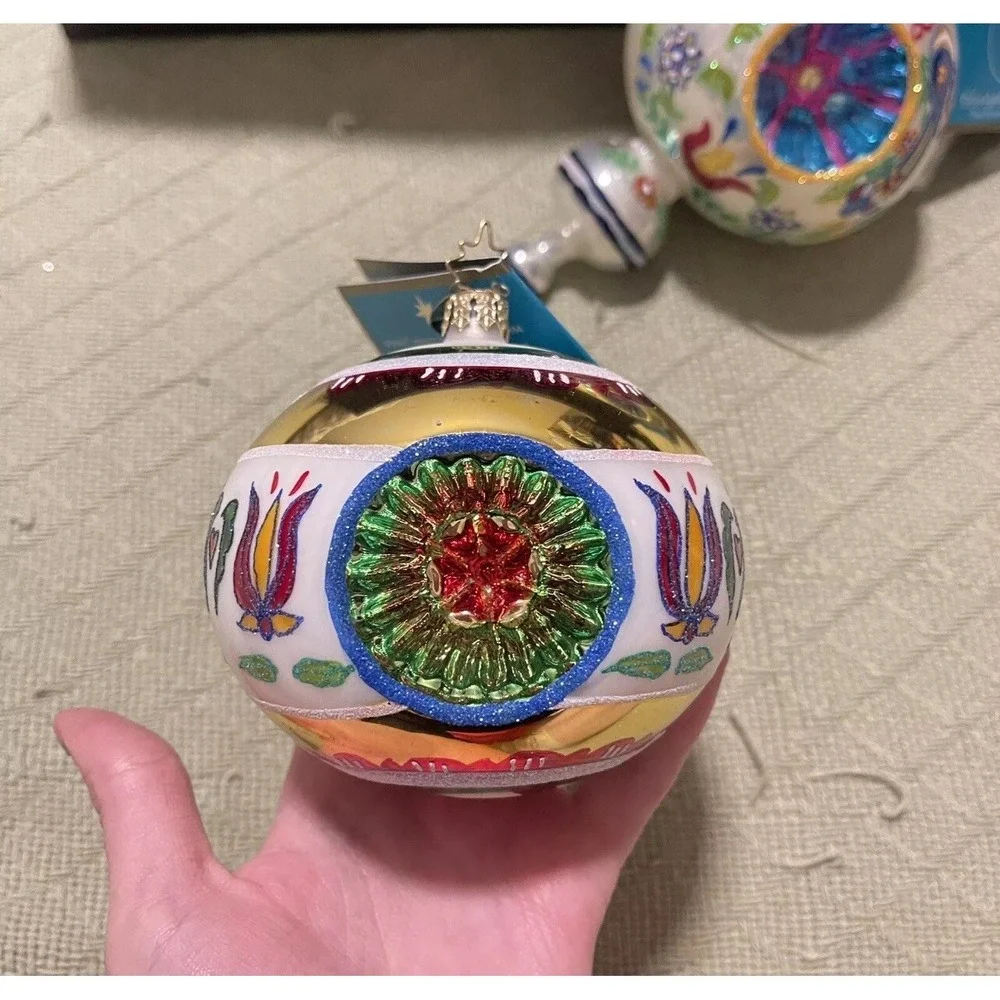 2 Christopher Radko Fantasia 20th Anniversary Glass Ornament Teardrop Peppermint